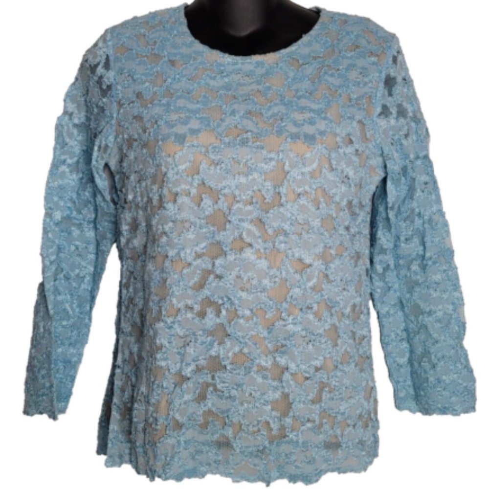 Coldwater Creek Top Blouse Small Blue All Over Lace Lined Sheer 3/4 Sleeve